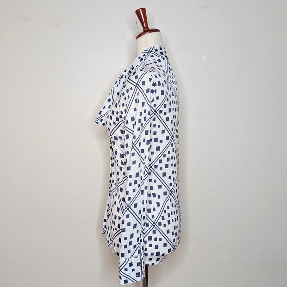 VTG 70s Montgomery Ward Blue and White Geometric Print Tie Neck Blouse Size 10 - Picture 4 of 7